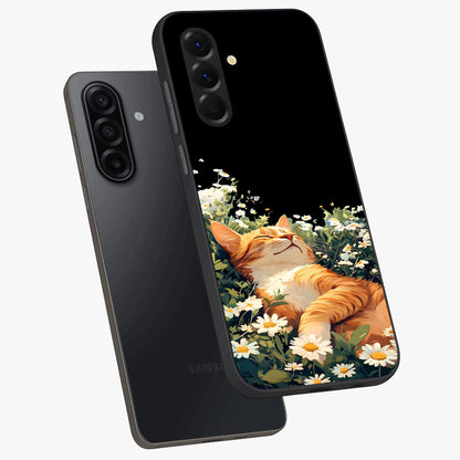 Blissful Bloom Cat Glass Case displayed in angled mockup highlighting playful feline illustration with soft floral aesthetic.