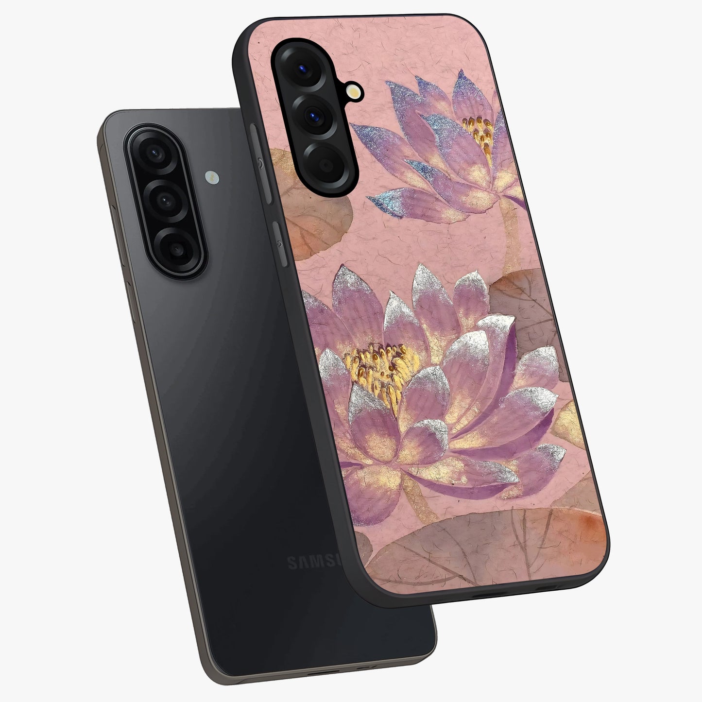 Blossom Mist Lotus Glass Case displayed in angled mockup highlighting delicate lotus illustration with calm aesthetic theme.
