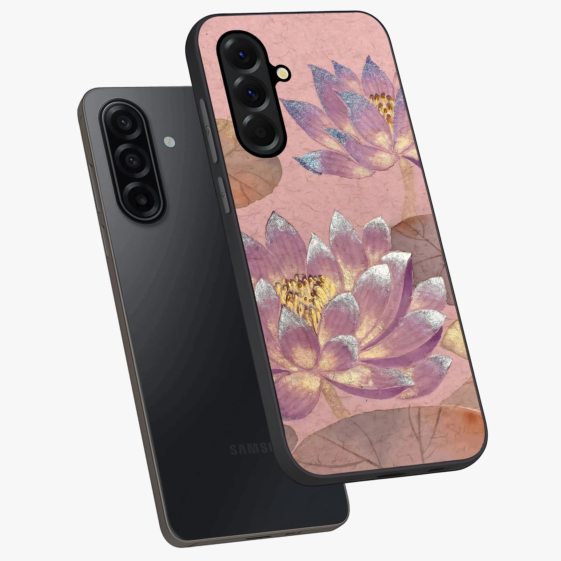 Blossom Mist Lotus Glass Case displayed in angled mockup highlighting delicate lotus illustration with calm aesthetic theme.