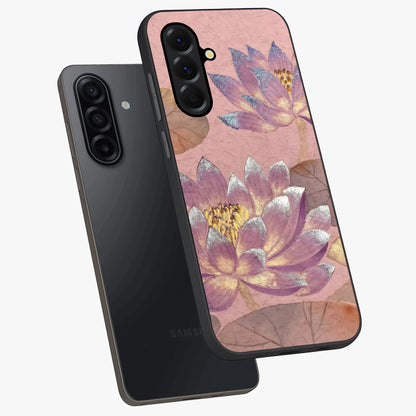 Blossom Mist Lotus Glass Case displayed in angled mockup highlighting delicate lotus illustration with calm aesthetic theme.
