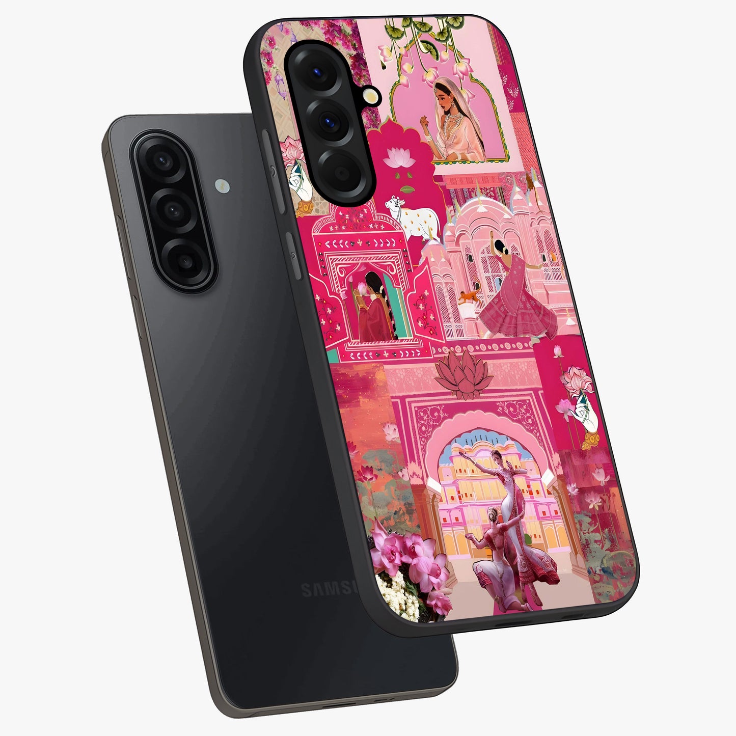 Blossoms of Rajasthan Glass Case displayed in angled mockup highlighting vibrant floral pattern with cultural aesthetic style.