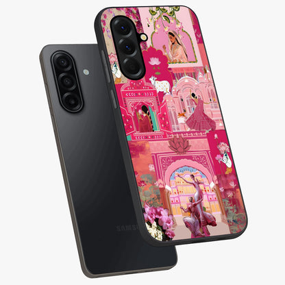 Blossoms of Rajasthan Glass Case displayed in angled mockup highlighting vibrant floral pattern with cultural aesthetic style.
