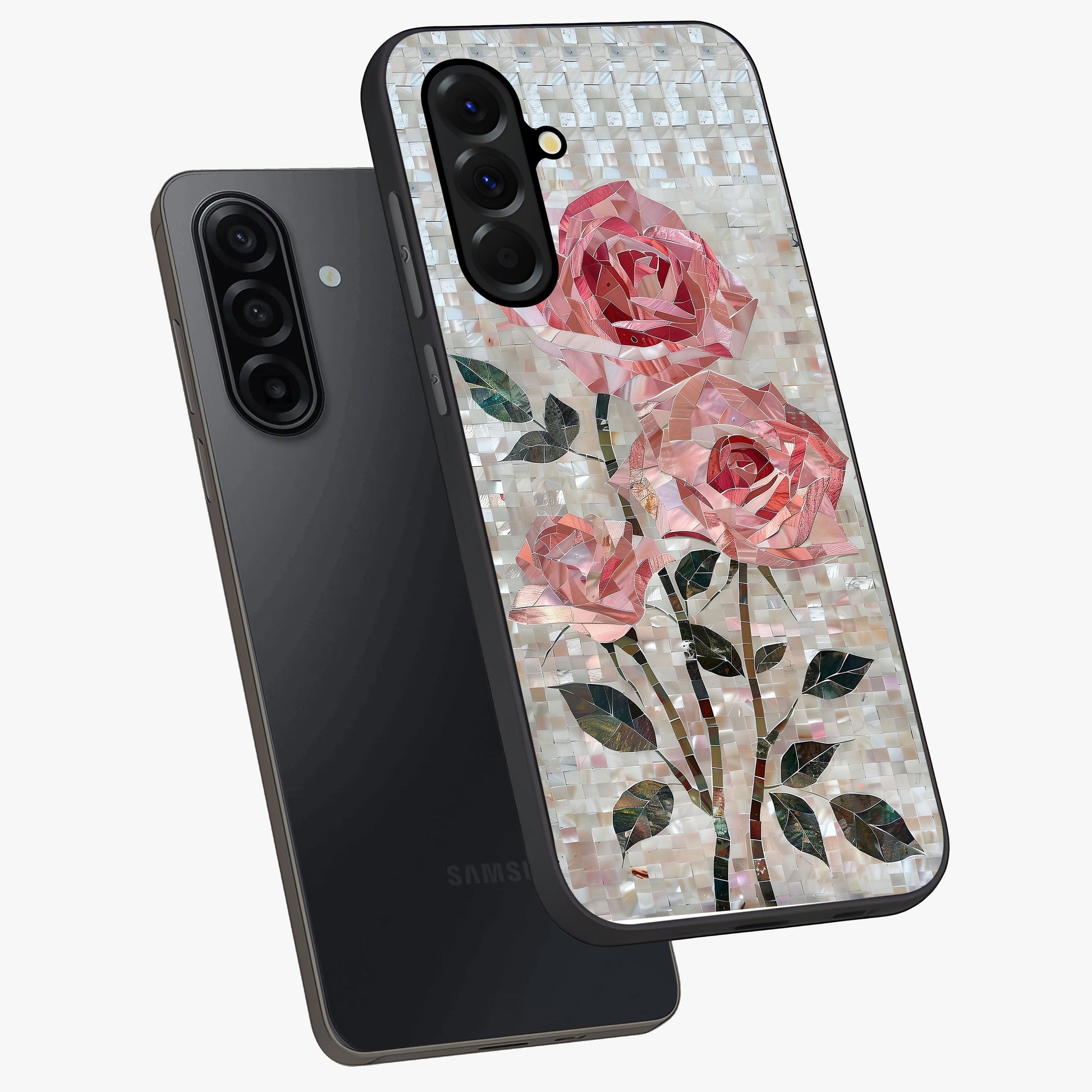 Blush Mosaic Bloom Glass Case displayed in angled mockup highlighting artistic mosaic flower pattern with aesthetic design.