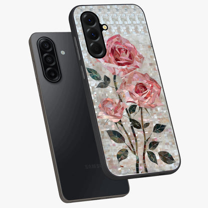 Blush Mosaic Bloom Glass Case displayed in angled mockup highlighting artistic mosaic flower pattern with aesthetic design.