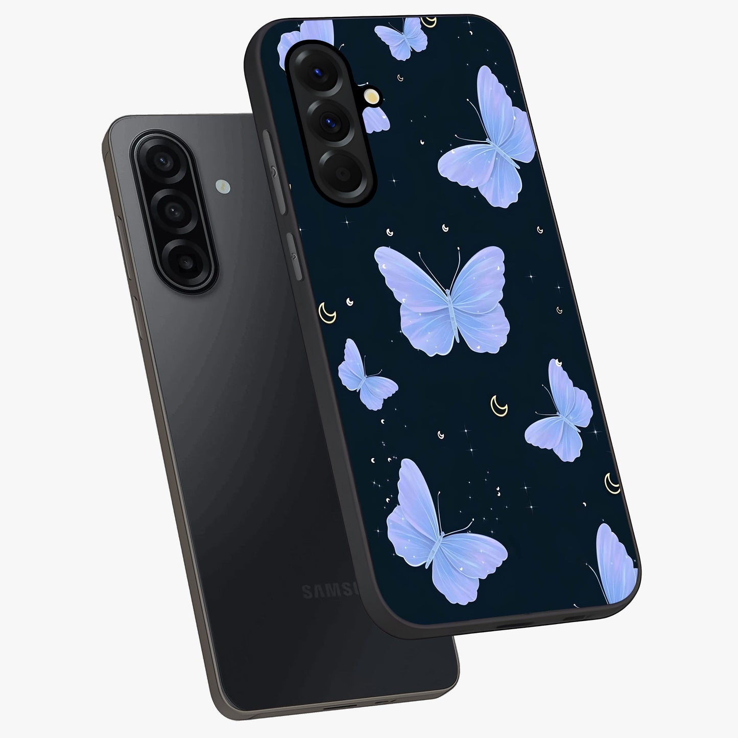Butterfly With Stars Pattern Glass Case displayed in angled mockup highlighting dreamy butterfly and star design with aesthetic theme.