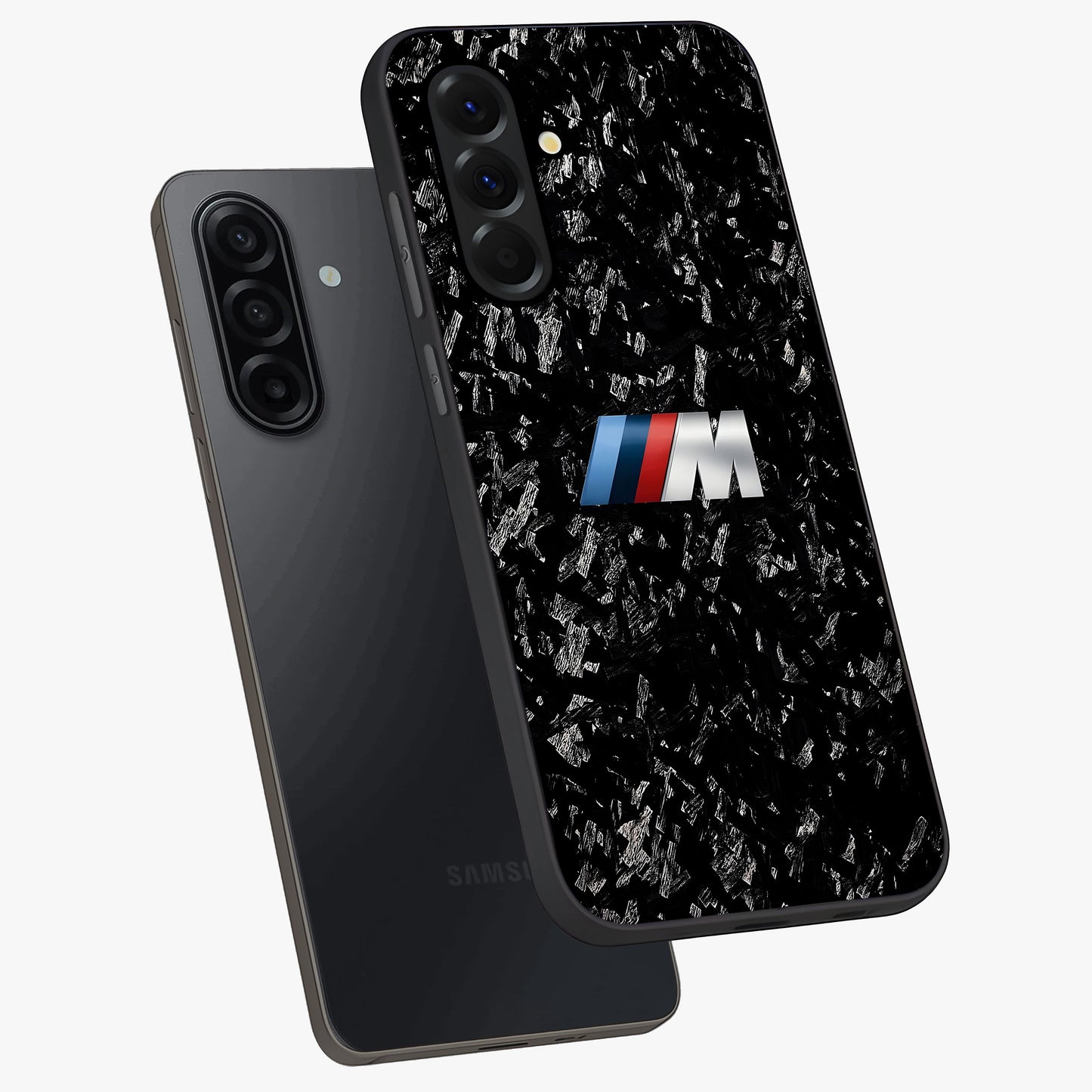 Carbon Speed Mark Glass Case displayed in angled mockup highlighting racing inspired carbon design and sleek aesthetic style.