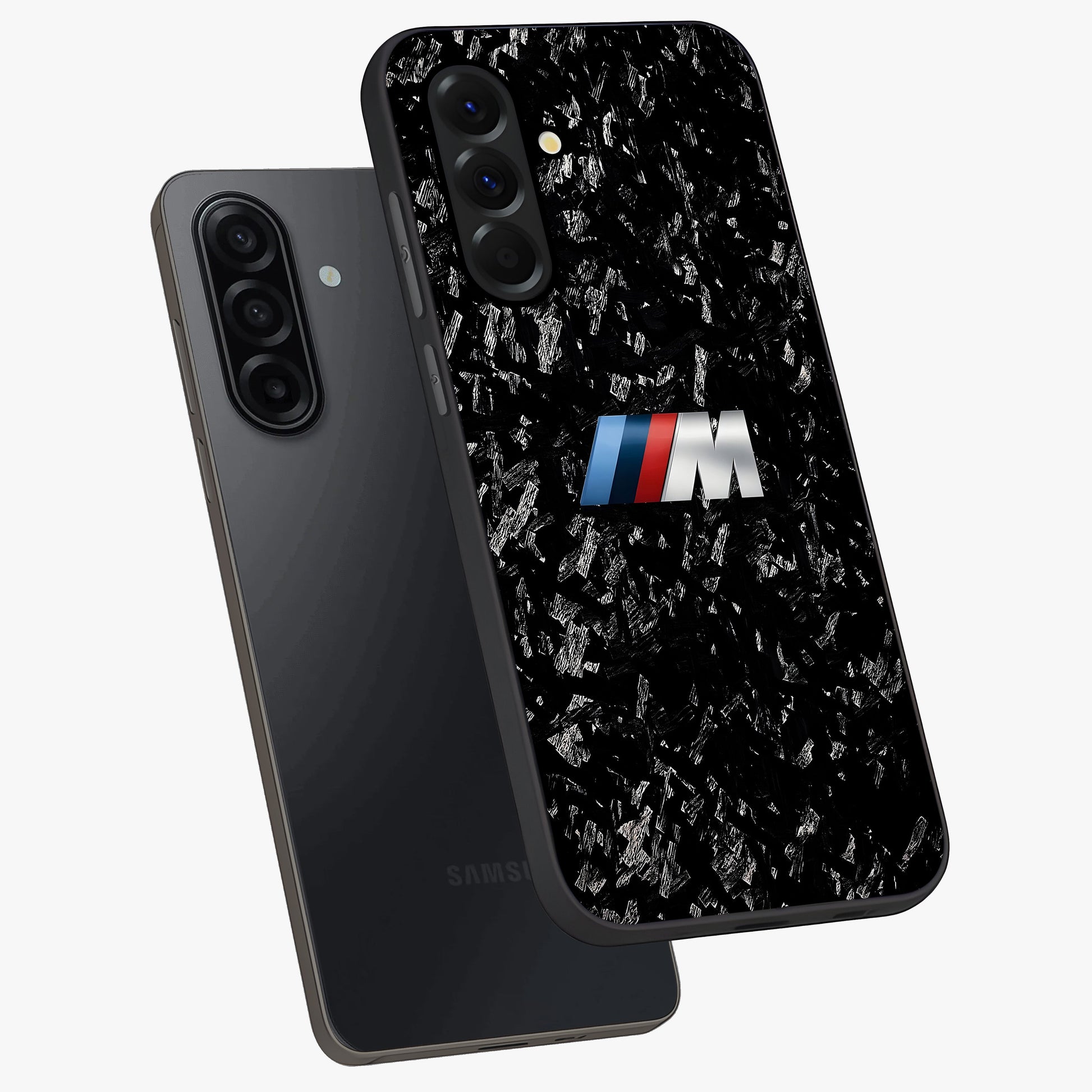 Carbon Speed Mark Glass Case displayed in angled mockup highlighting racing inspired carbon design and sleek aesthetic style.