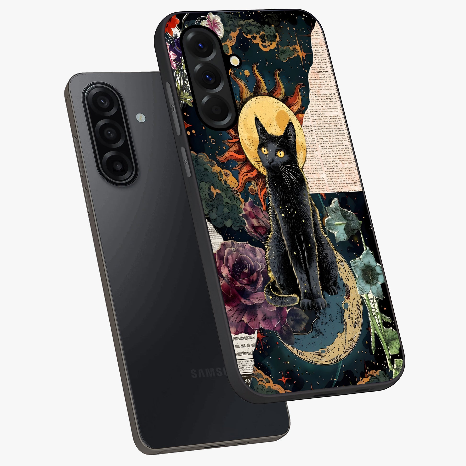 Celestial Black Cat Glass Case displayed in angled mockup highlighting cosmic black cat design with celestial aesthetic.
