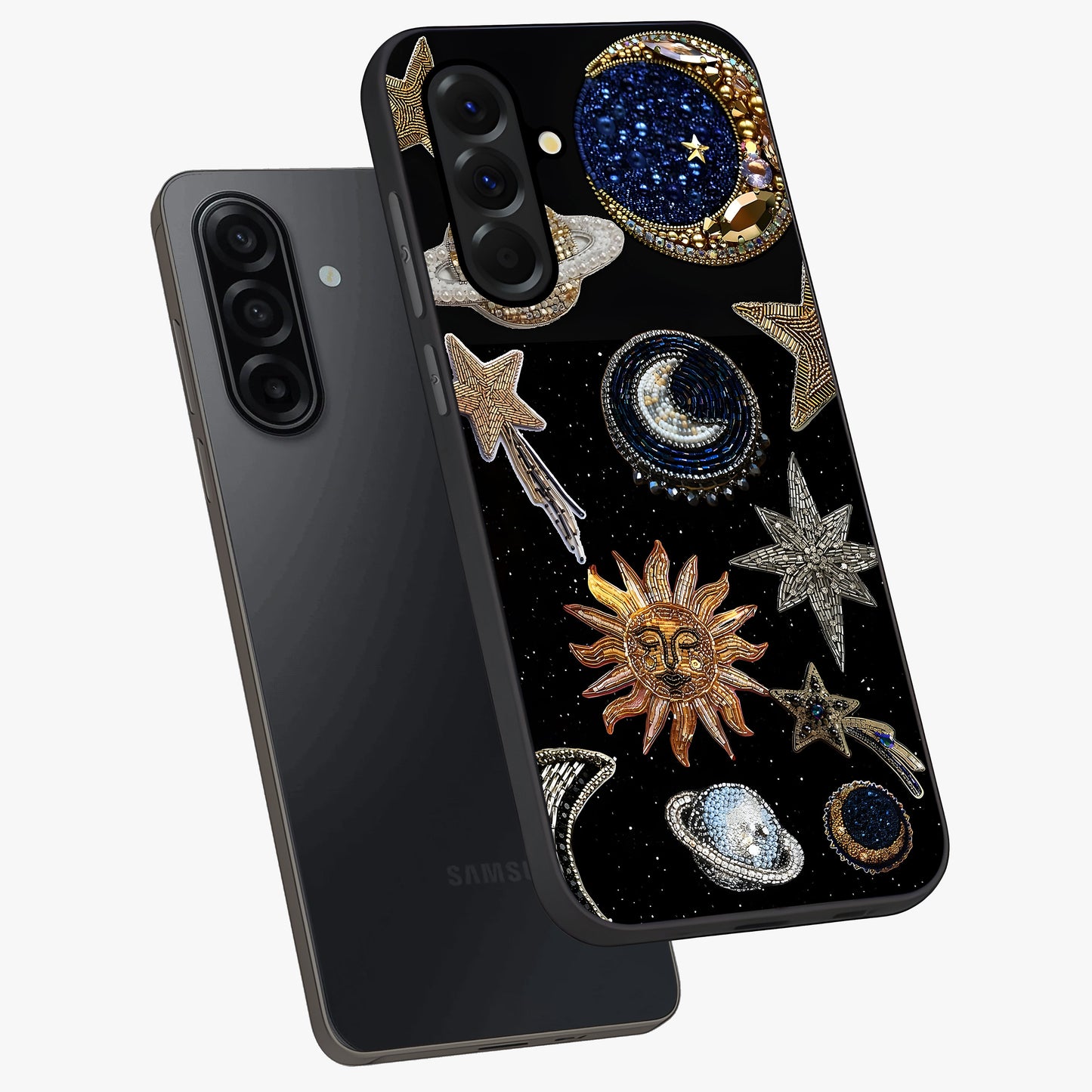 Celestial Gem Constellations Glass Case displayed in angled mockup highlighting gemstone inspired constellation design.