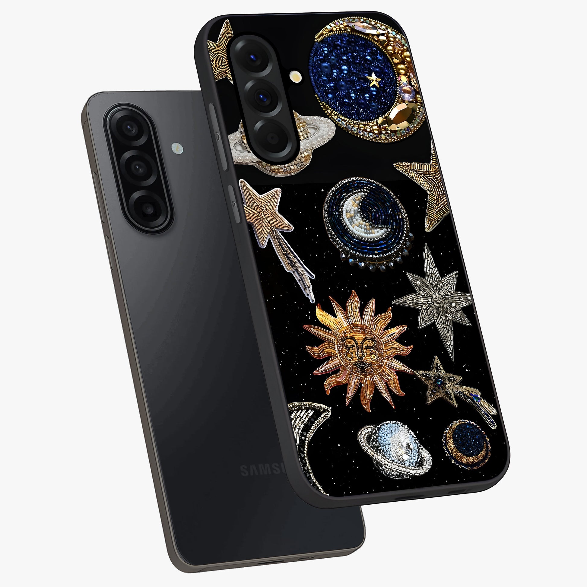 Celestial Gem Constellations Glass Case displayed in angled mockup highlighting gemstone inspired constellation design.