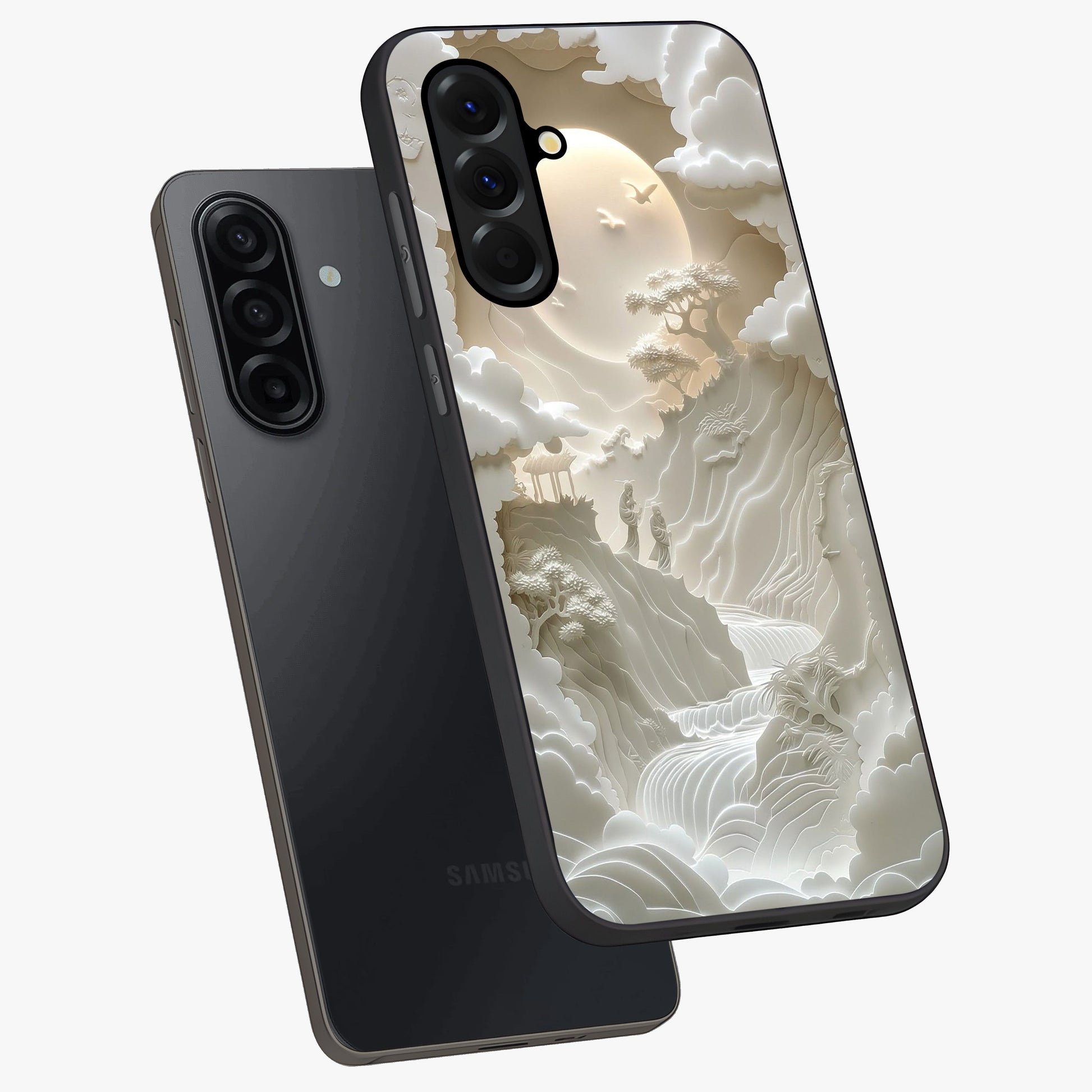 Celestial Origami Glass Case displayed in angled mockup highlighting geometric origami design with cosmic aesthetic theme.