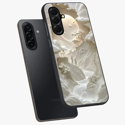 Celestial Origami Glass Case displayed in angled mockup highlighting geometric origami design with cosmic aesthetic theme.