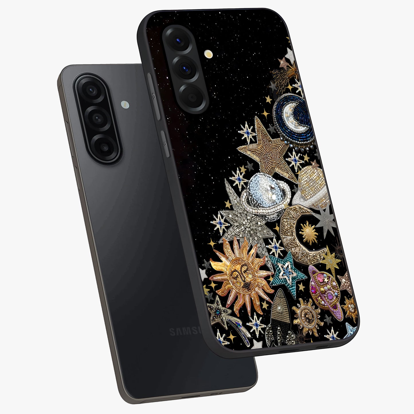 Cosmic Sparkle Dreams Glass Case displayed in angled mockup highlighting dreamy star sparkle design with celestial aesthetic.
