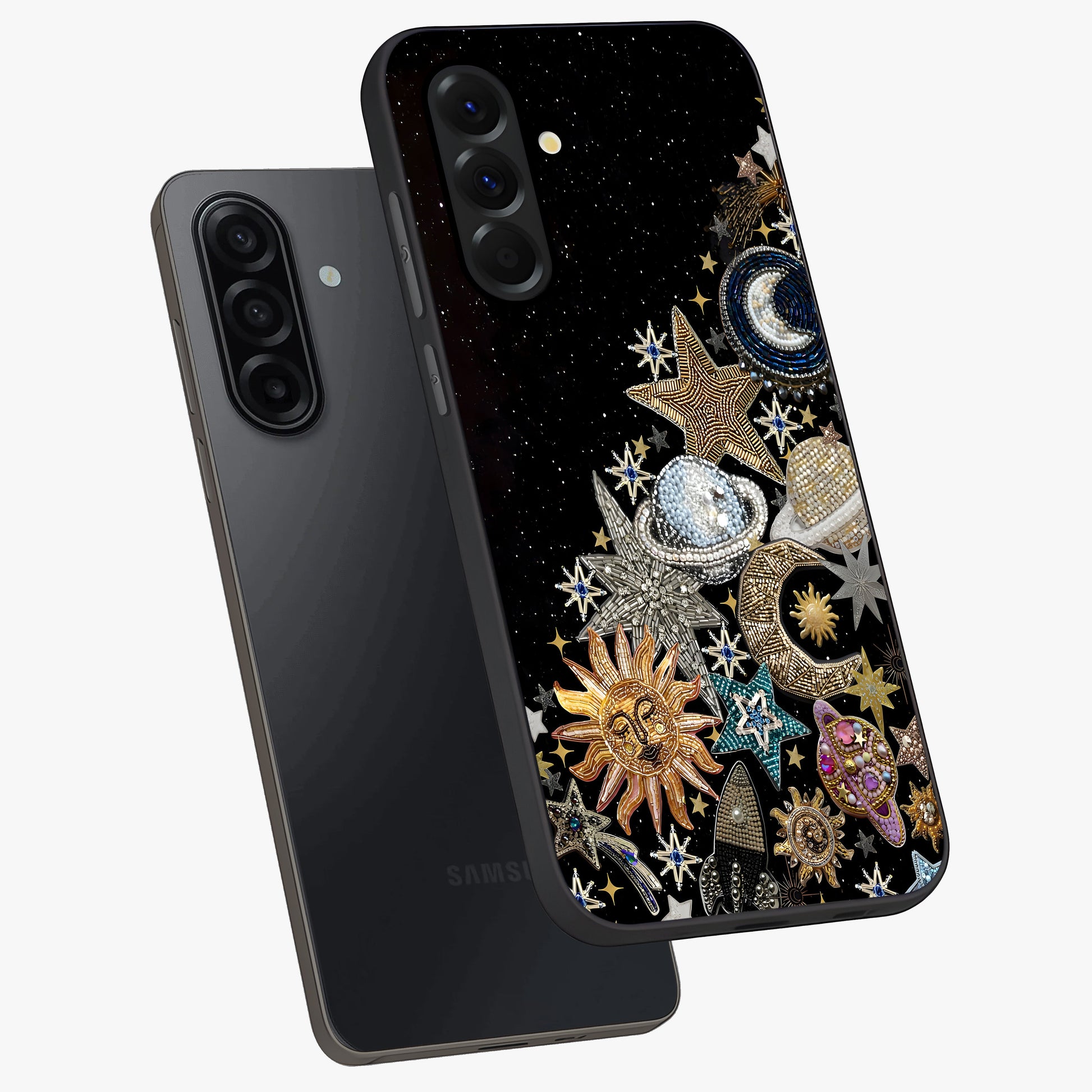 Cosmic Sparkle Dreams Glass Case displayed in angled mockup highlighting dreamy star sparkle design with celestial aesthetic.