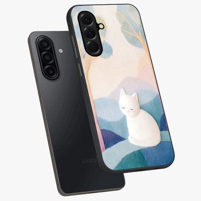 Cotton Dream Cat Glass Case displayed in angled mockup highlighting cute feline illustration with pastel aesthetic style.