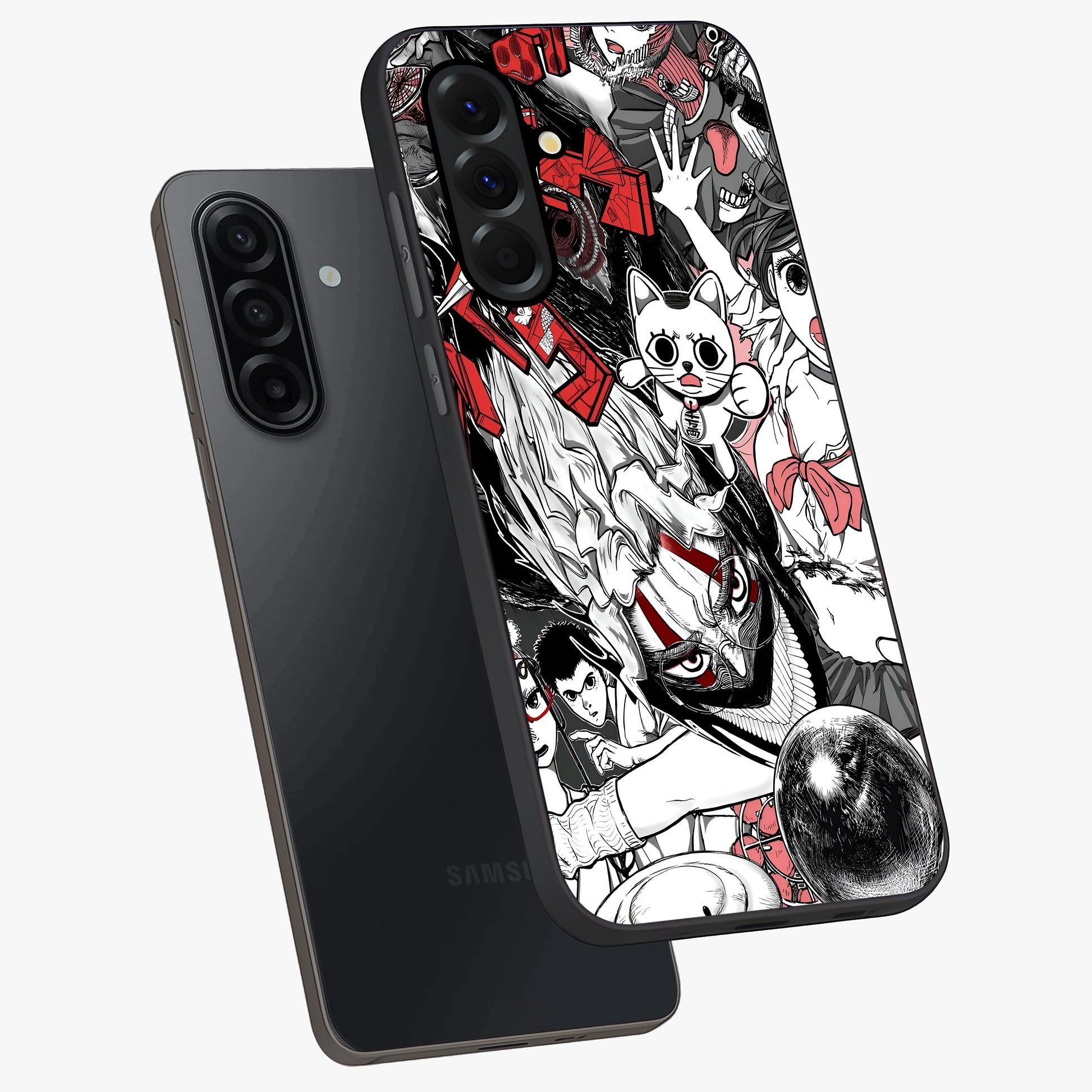Crimson Chaos Panel Glass Case displayed in angled mockup highlighting chaotic panel style design with modern graphic theme.