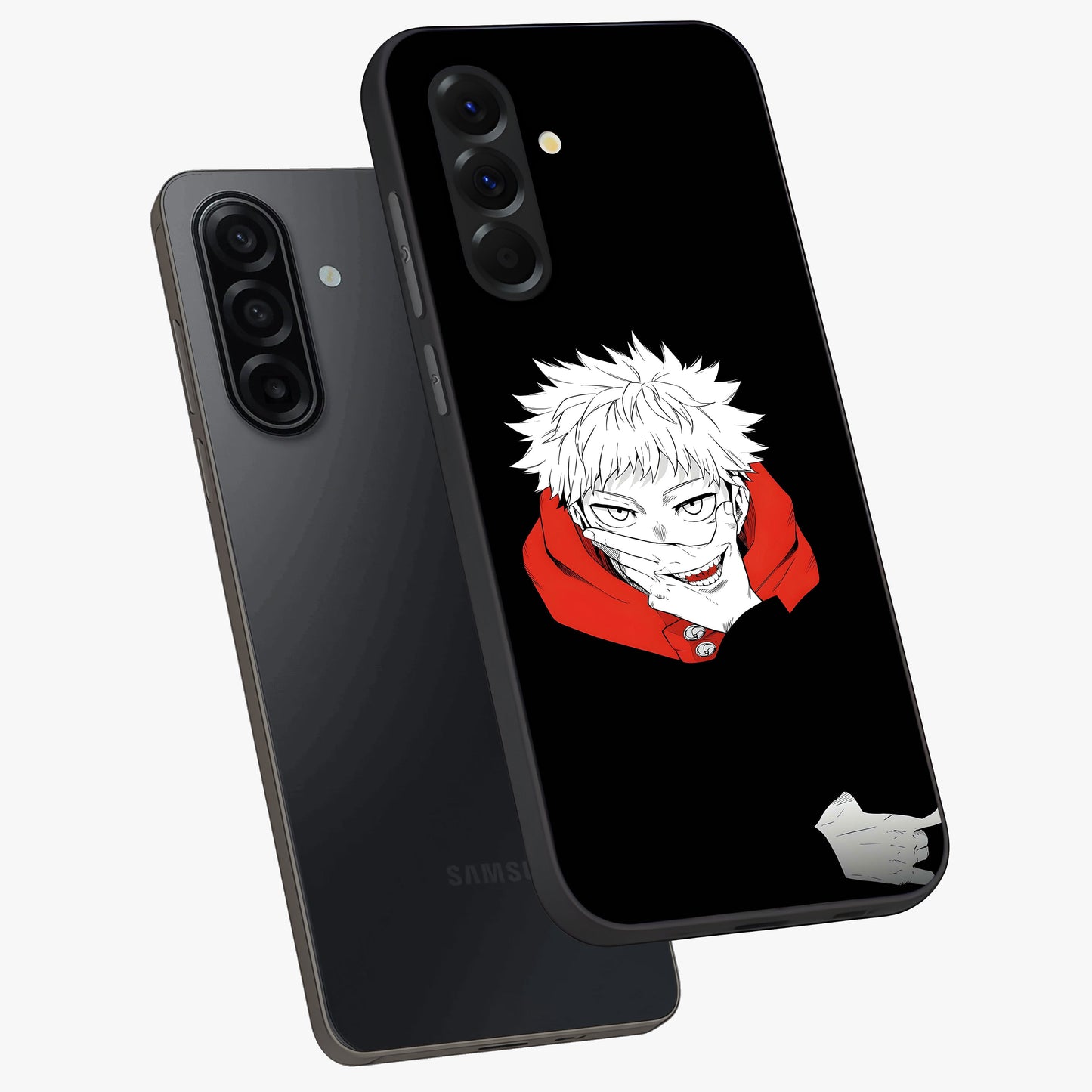 Crimson Chaos Smile Glass Case displayed in angled mockup highlighting edgy crimson smile design with graphic aesthetic.