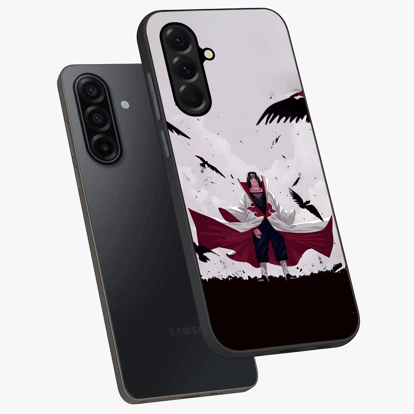 Crimson Crow Ascension Glass Case displayed in angled mockup highlighting powerful crow illustration with dark crimson aesthetic.