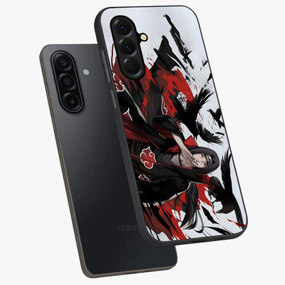 Crimson Crow Illusion Glass Case displayed in angled mockup highlighting mysterious crow graphic with dark aesthetic style.