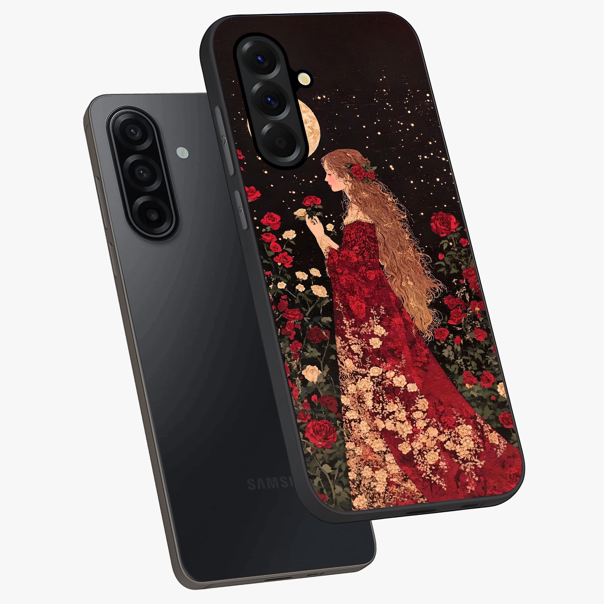 Crimson Dreams Glass Case displayed in angled mockup highlighting soft crimson aesthetic design with artistic theme.