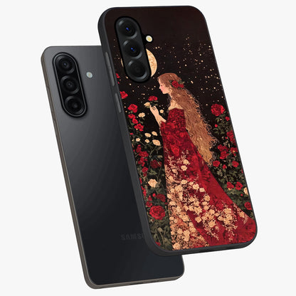Crimson Dreams Glass Case displayed in angled mockup highlighting soft crimson aesthetic design with artistic theme.