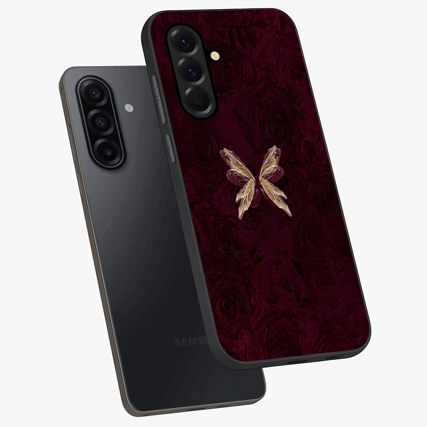 Crimson Fade Butterfly Glass Case displayed in angled mockup highlighting elegant butterfly design with crimson gradient aesthetic.