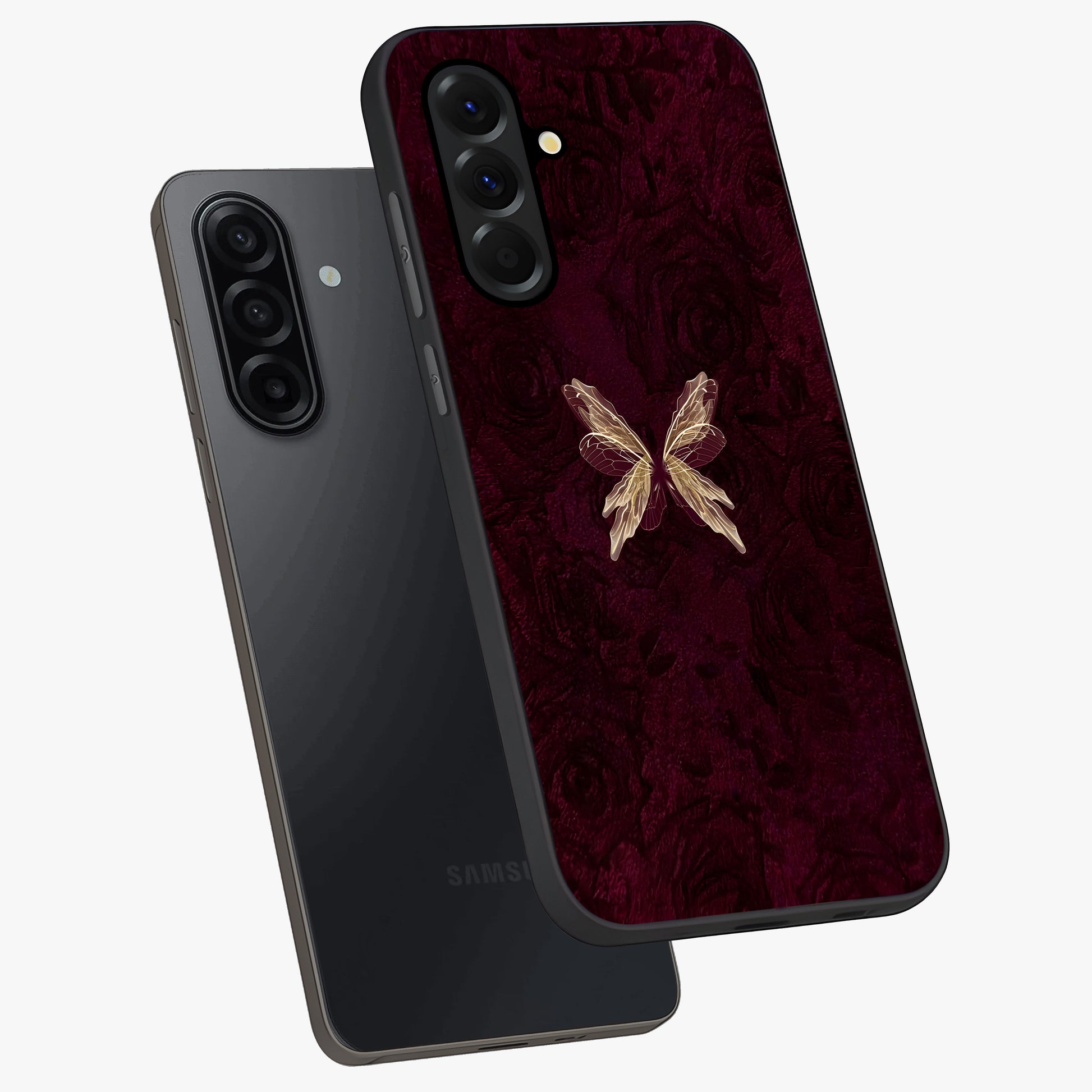 Crimson Fade Butterfly Glass Case displayed in angled mockup highlighting elegant butterfly design with crimson gradient aesthetic.
