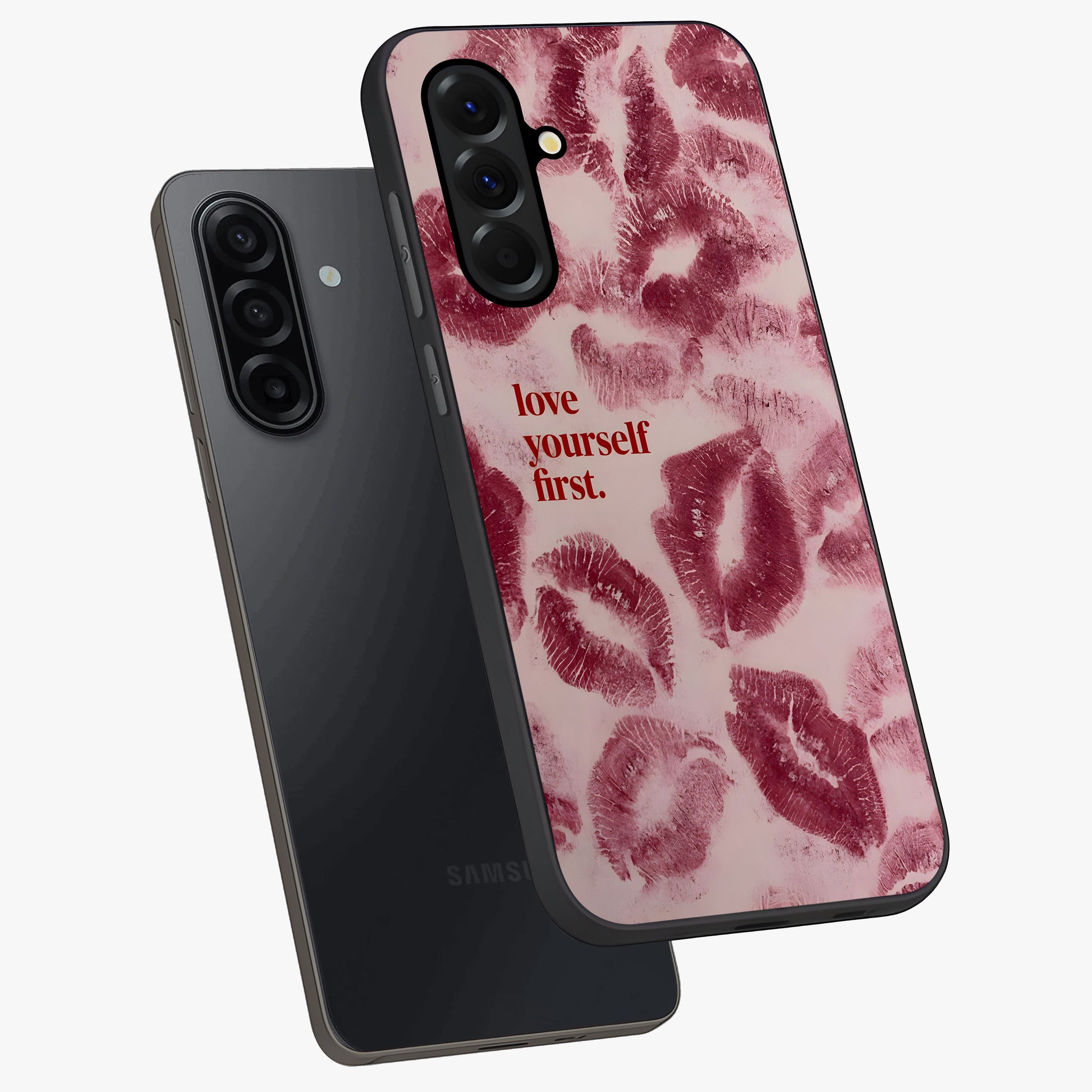 Crimson Kiss Love Glass Case displayed in angled mockup highlighting bold love inspired design with modern aesthetic style.