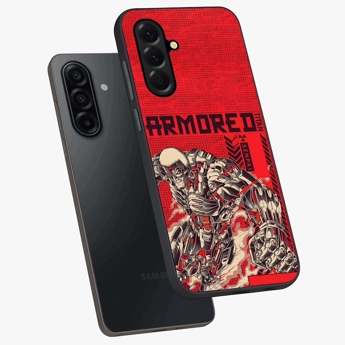 Crimson Mecha Titan Glass Case displayed in angled mockup highlighting futuristic mech illustration with bold crimson aesthetic.