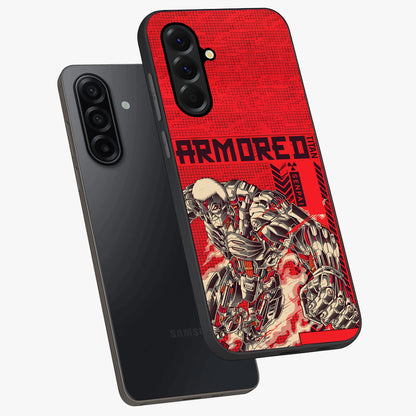 Crimson Mecha Titan Glass Case displayed in angled mockup highlighting futuristic mech illustration with bold crimson aesthetic.
