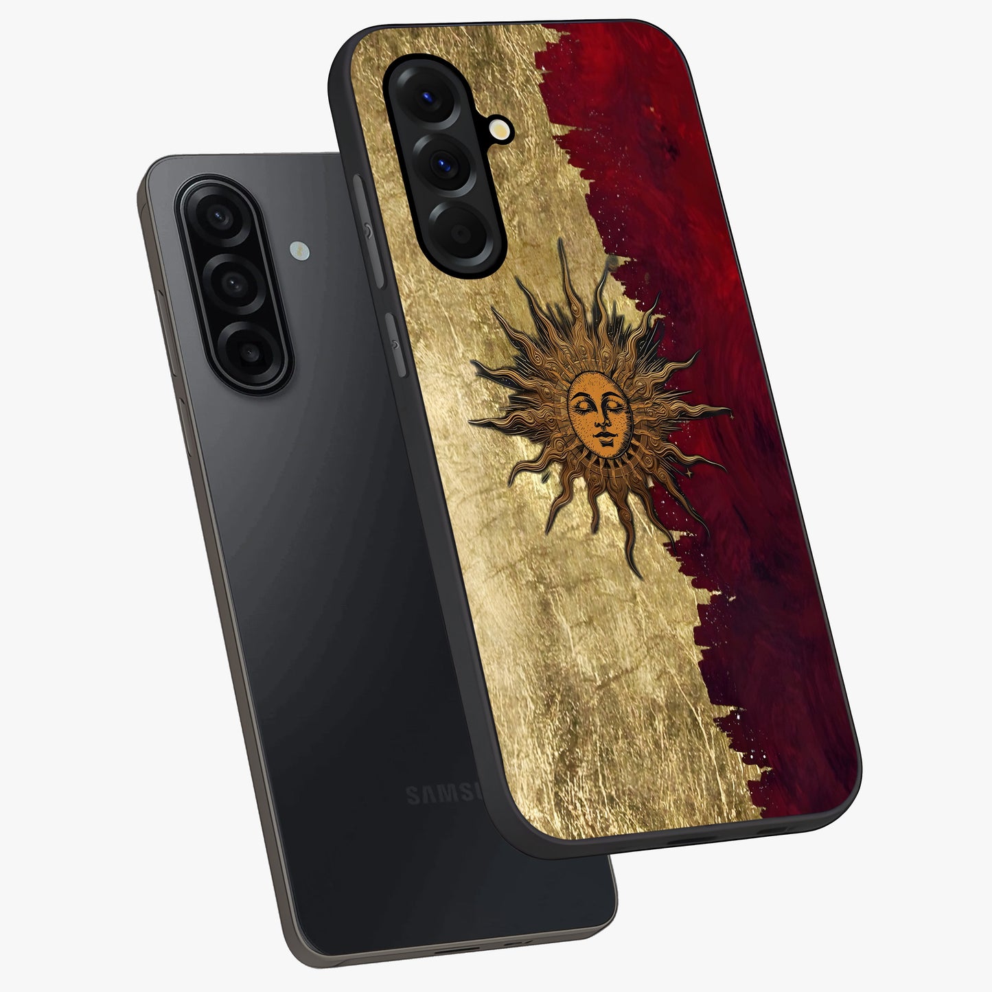 Crimson Sun Majesty Glass Case displayed in angled mockup highlighting majestic crimson sun design with bold aesthetic style.