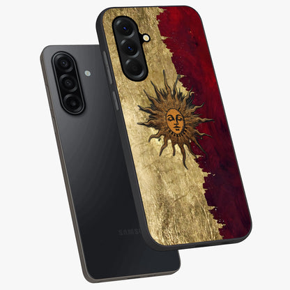 Crimson Sun Majesty Glass Case displayed in angled mockup highlighting majestic crimson sun design with bold aesthetic style.