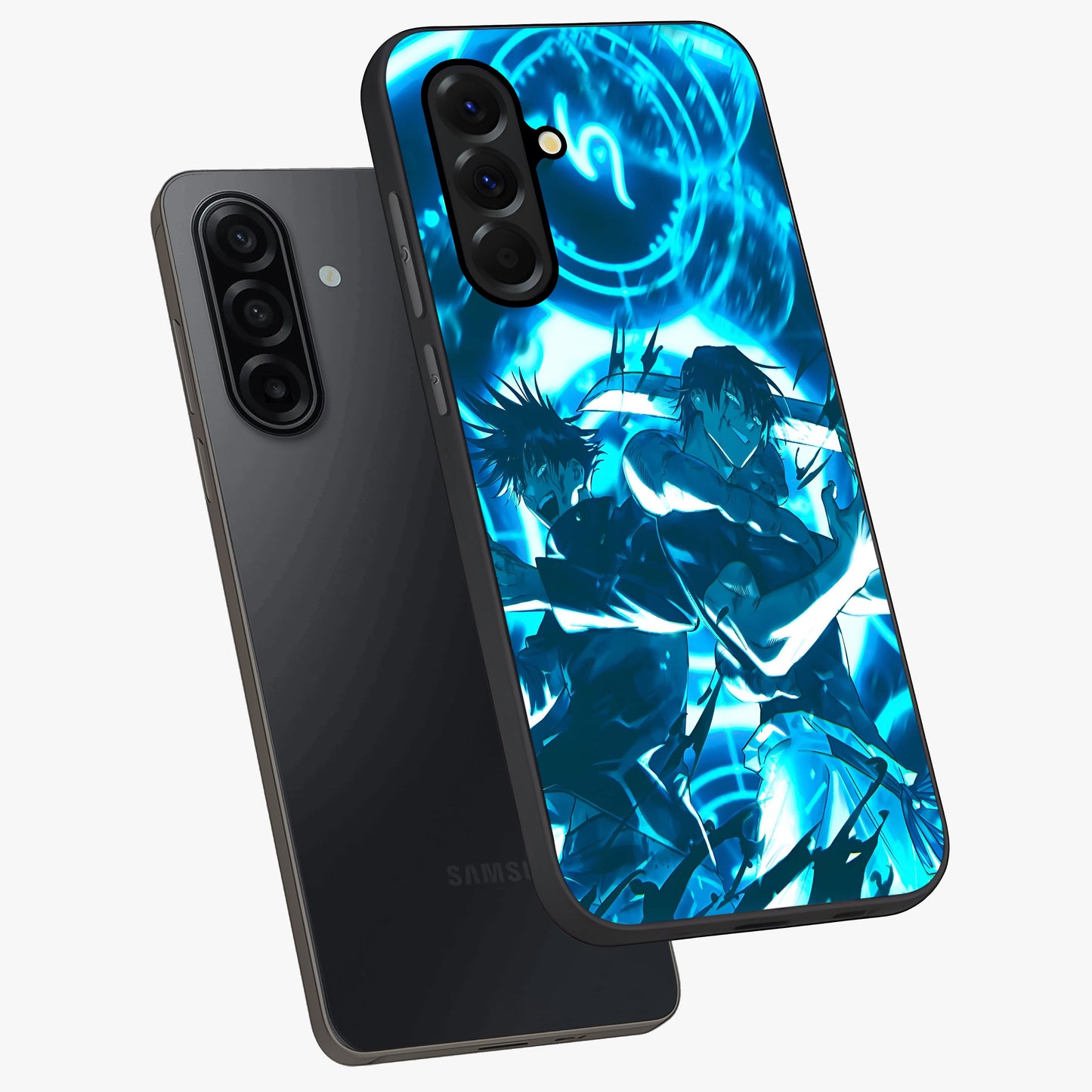 Cursed Energy Clash Glass Case displayed in angled mockup highlighting powerful battle inspired graphic with anime style aesthetic.