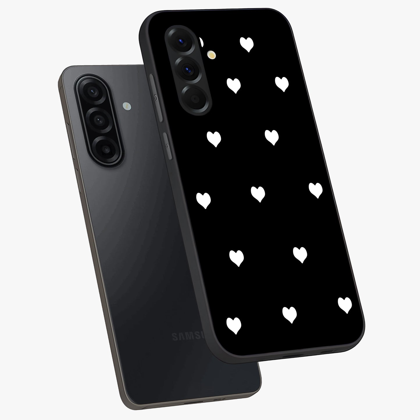 Cute And Simple White Hearts Glass Case displayed in angled mockup highlighting cute heart design with clean aesthetic style.