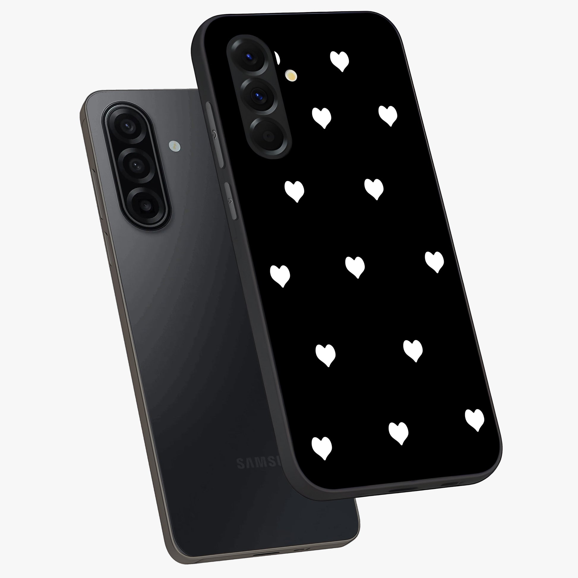 Cute And Simple White Hearts Glass Case displayed in angled mockup highlighting cute heart design with clean aesthetic style.