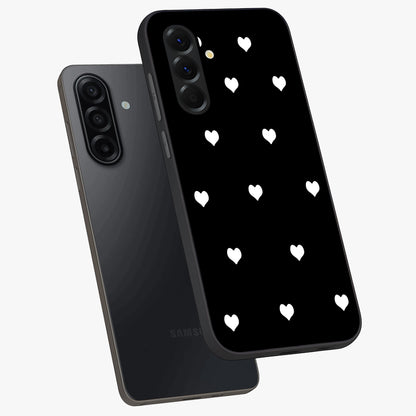 Cute And Simple White Hearts Glass Case displayed in angled mockup highlighting cute heart design with clean aesthetic style.