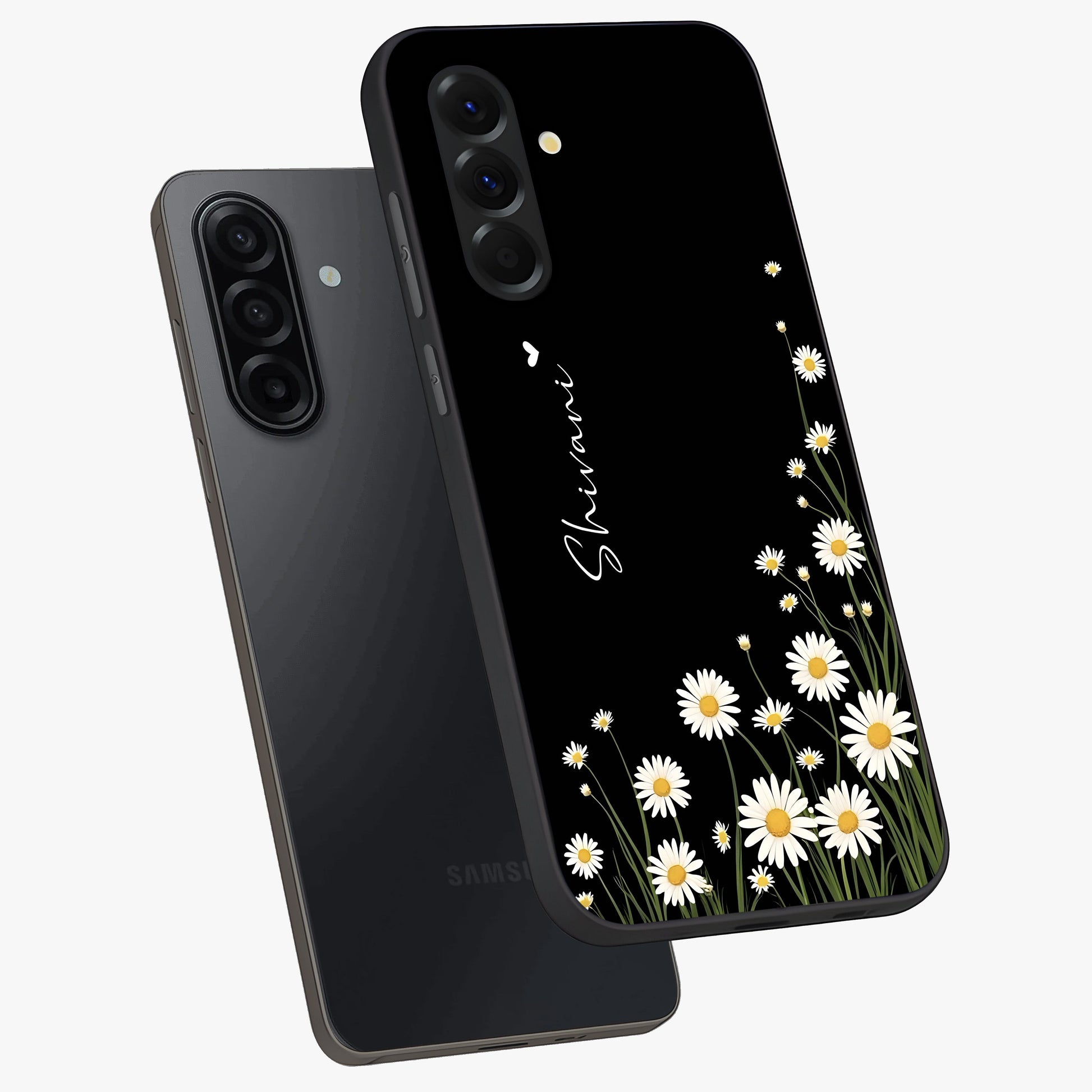 Daisy Cascade Custom Name Glass Case displayed in angled mockup highlighting delicate daisy artwork with custom name feature.