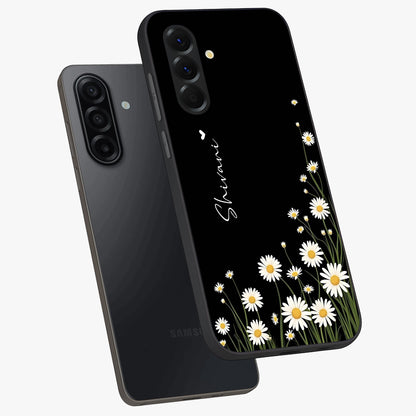Daisy Cascade Custom Name Glass Case displayed in angled mockup highlighting delicate daisy artwork with custom name feature.