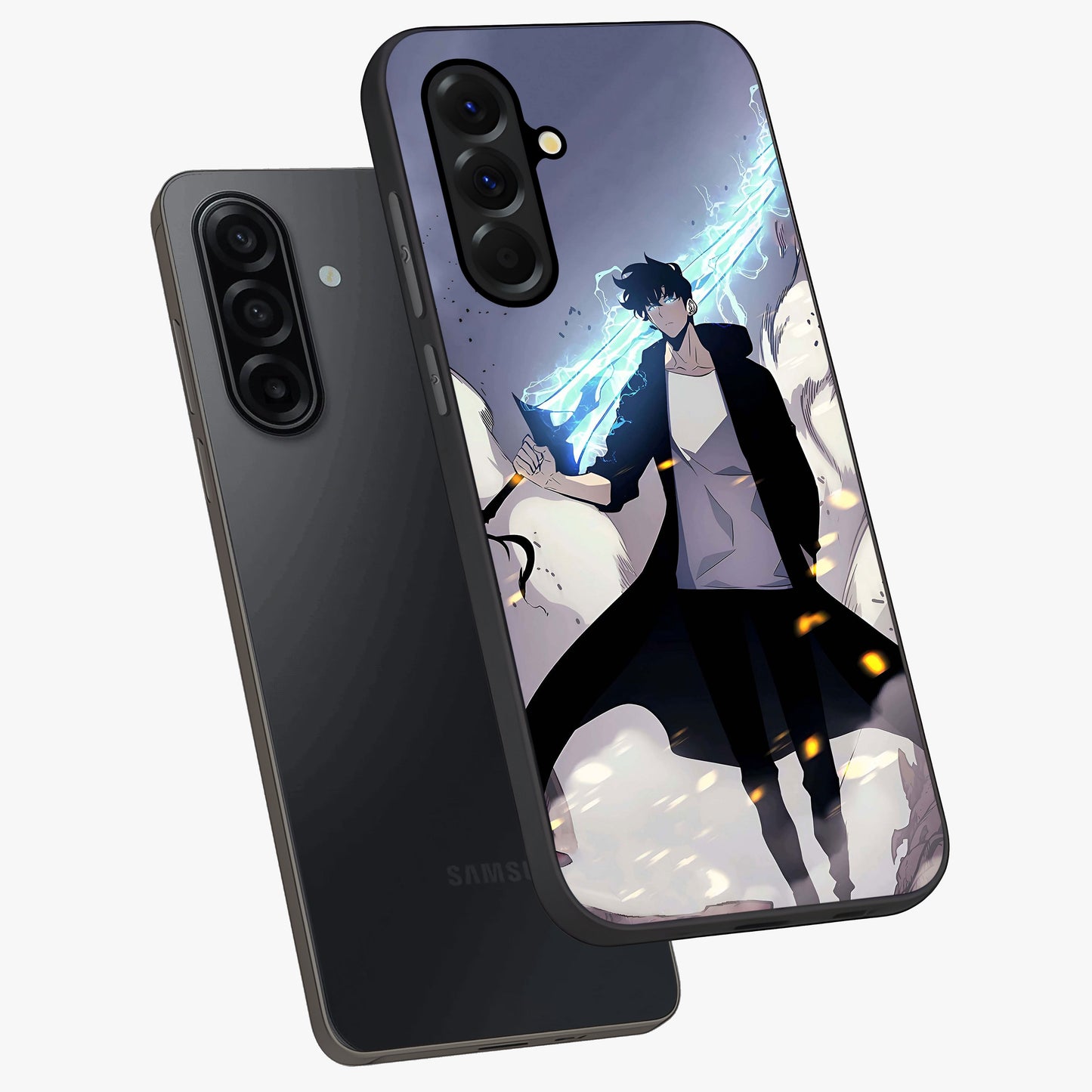 Dark Lightning Anime Warrior Glass Case displayed in angled mockup highlighting powerful lightning themed anime illustration.
