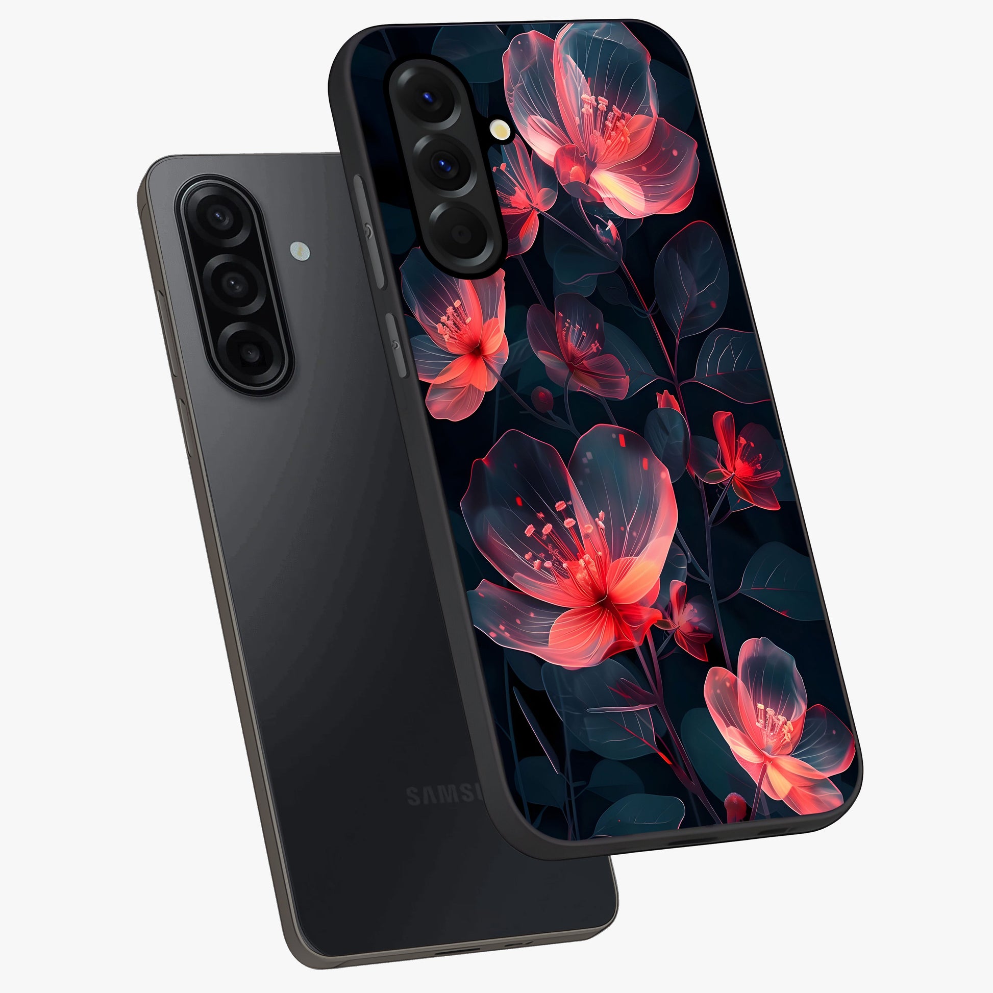 Dark Shade of Flower Glass Case displayed in angled mockup highlighting moody floral illustration with aesthetic dark tones.