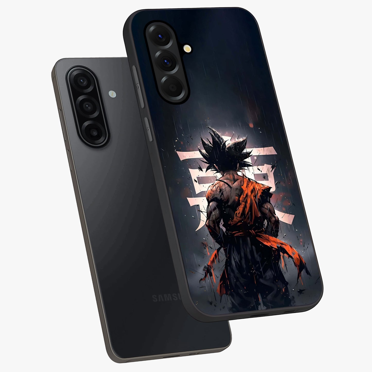 Dark Warrior In Rain Glass Case displayed in angled mockup highlighting dramatic warrior illustration with dark rain aesthetic.
