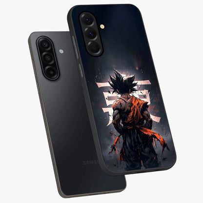 Dark Warrior In Rain Glass Case displayed in angled mockup highlighting dramatic warrior illustration with dark rain aesthetic.