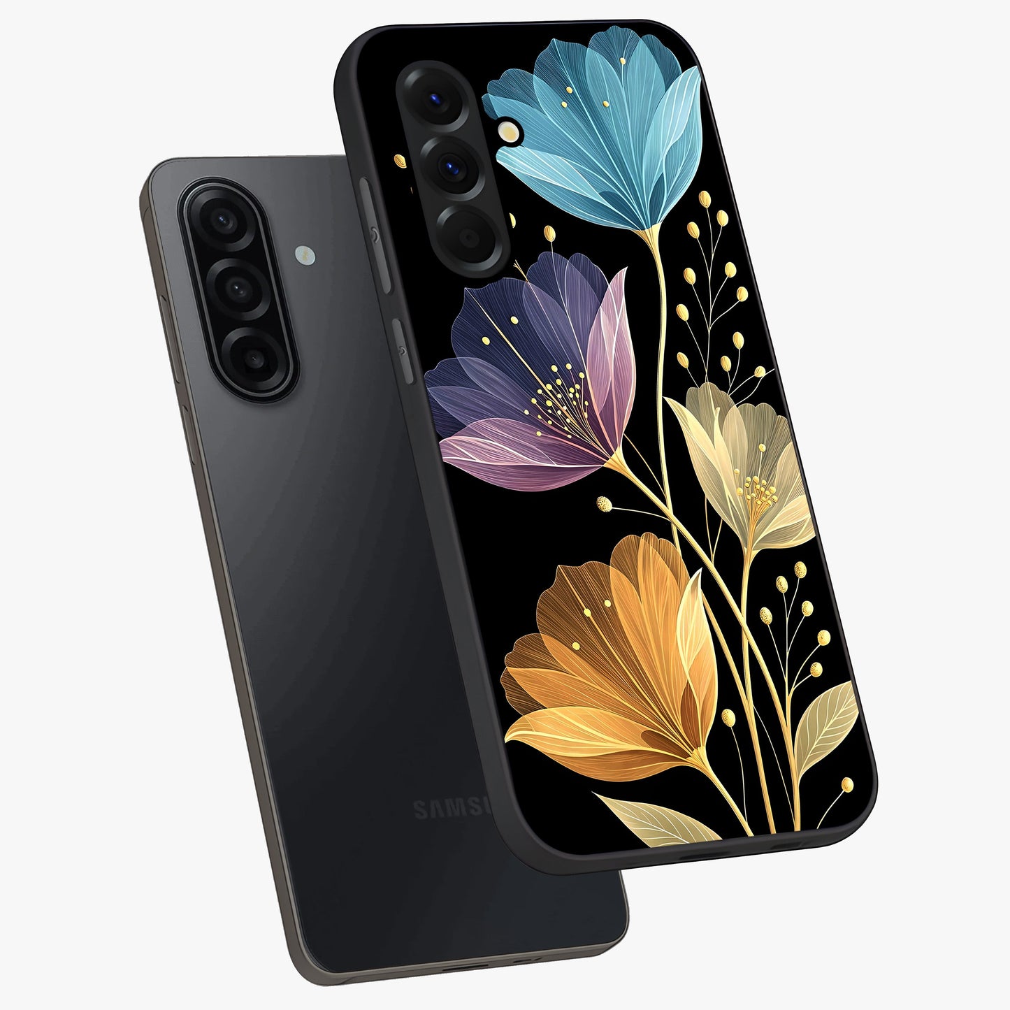 Delicate Multicolor Flowers Glass Case displayed in angled mockup highlighting colorful flower pattern with soft aesthetic style.