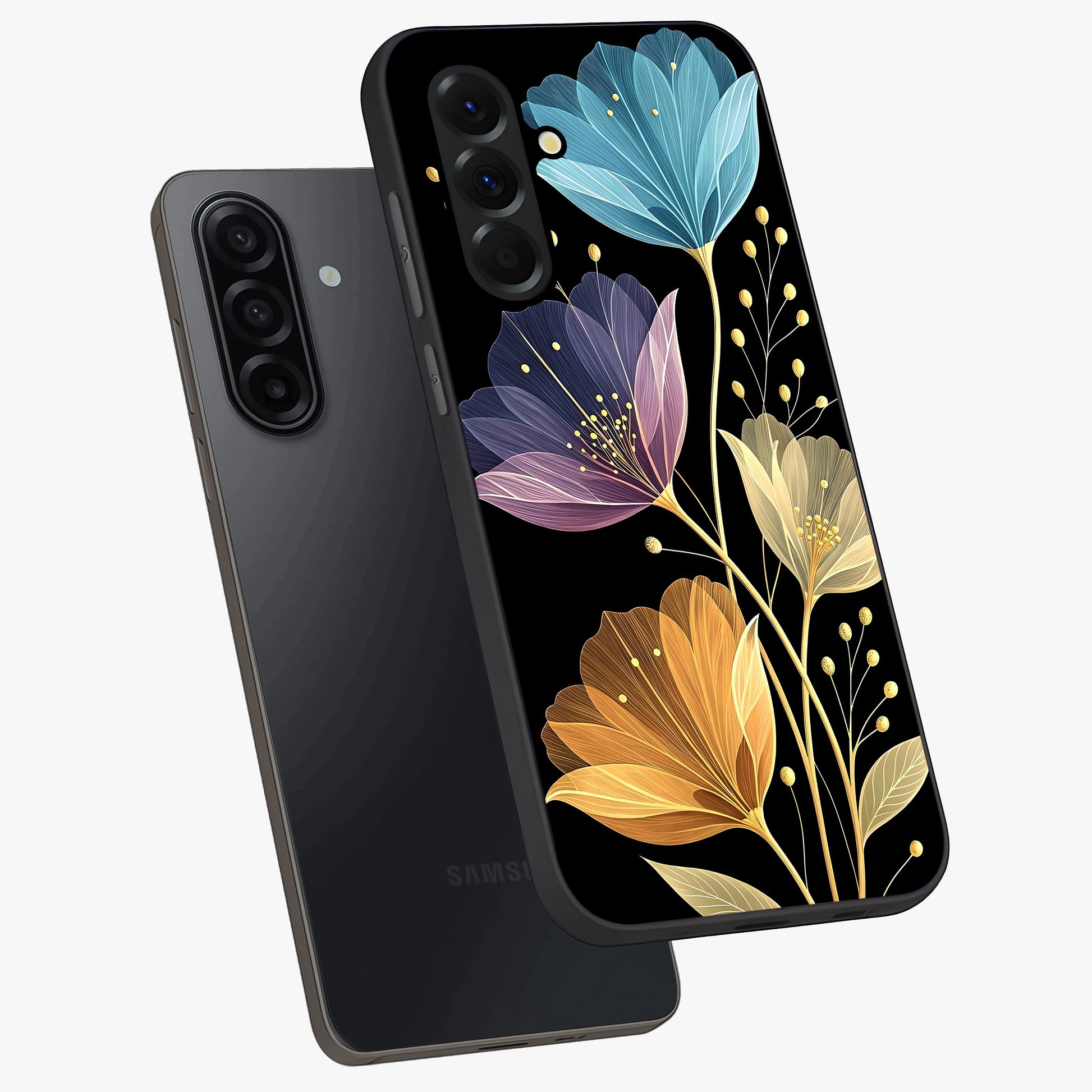 Delicate Multicolor Flowers Glass Case displayed in angled mockup highlighting colorful flower pattern with soft aesthetic style.