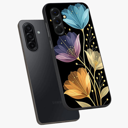 Delicate Multicolor Flowers Glass Case displayed in angled mockup highlighting colorful flower pattern with soft aesthetic style.