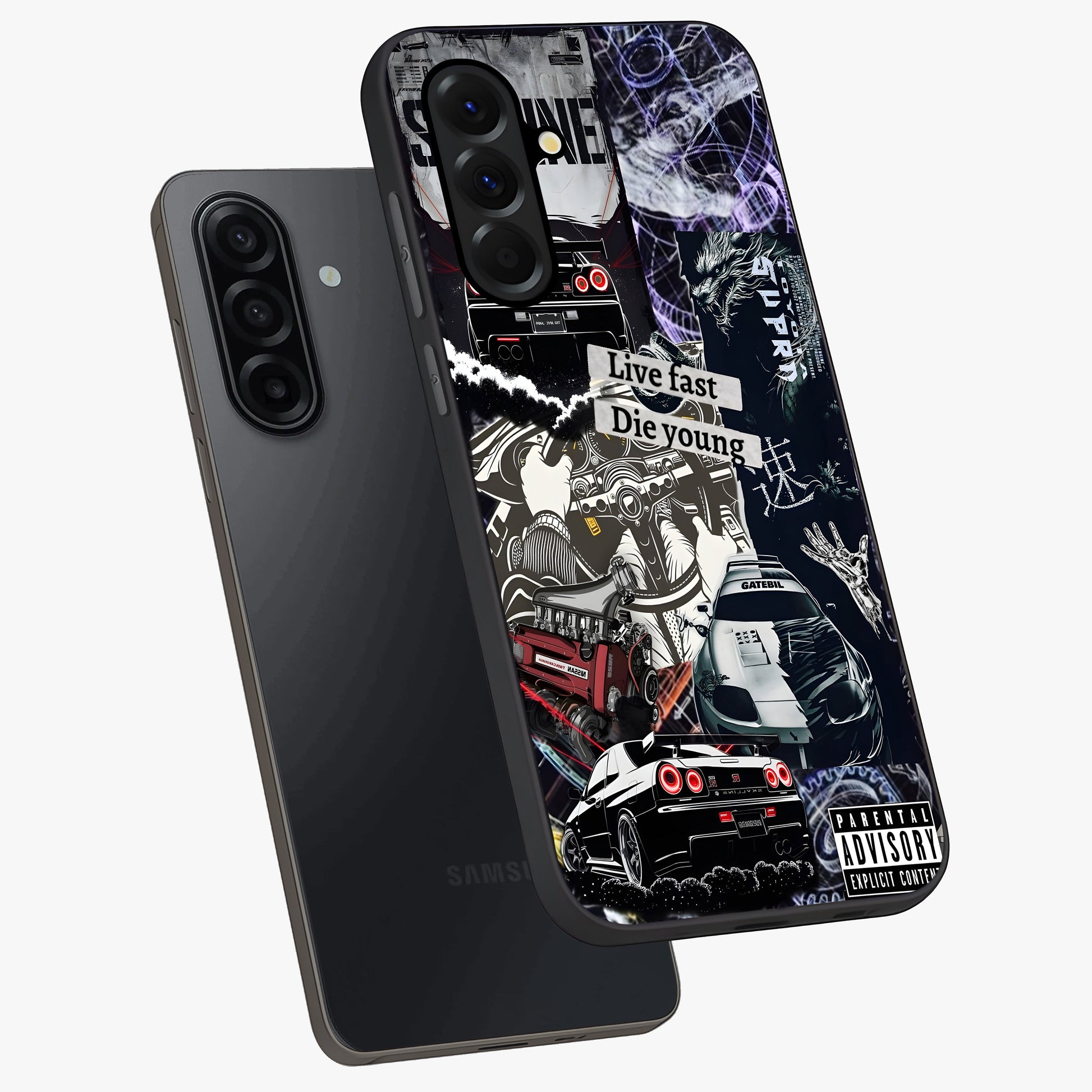 Die Young Glass Case displayed in angled mockup highlighting expressive graphic artwork with edgy aesthetic style.