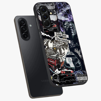 Die Young Glass Case displayed in angled mockup highlighting expressive graphic artwork with edgy aesthetic style.