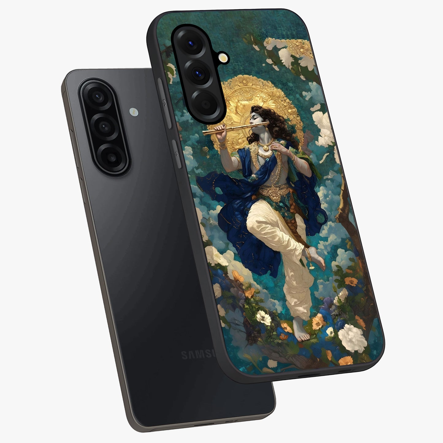 Divine Krishna Art Glass Case displayed in angled mockup highlighting spiritual Krishna illustration with devotional aesthetic.