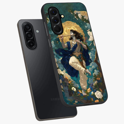 Divine Krishna Art Glass Case displayed in angled mockup highlighting spiritual Krishna illustration with devotional aesthetic.