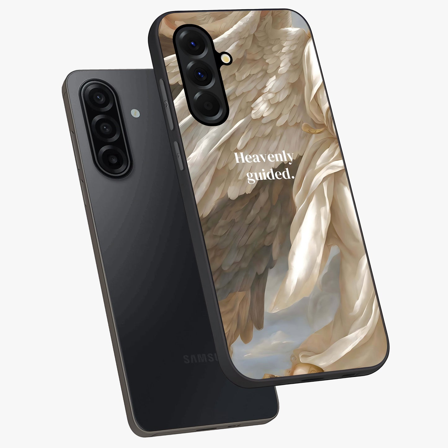 Divine Winged Grace Glass Case displayed in angled mockup highlighting graceful wing design with divine aesthetic style.